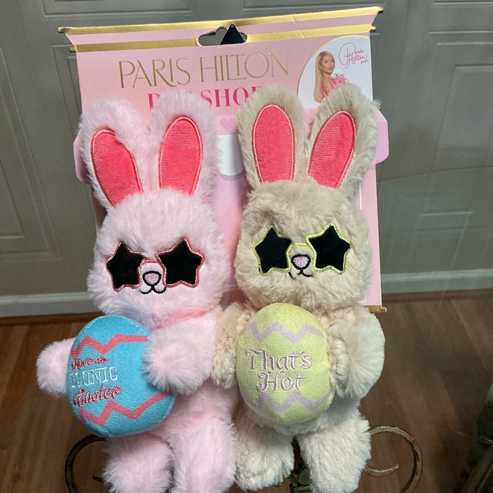 Brand New Set Of 2 Easter Paris Hilton Bunnies Dog  Toy- Very Solf  Squeaker 10” - Picture 3 of 6